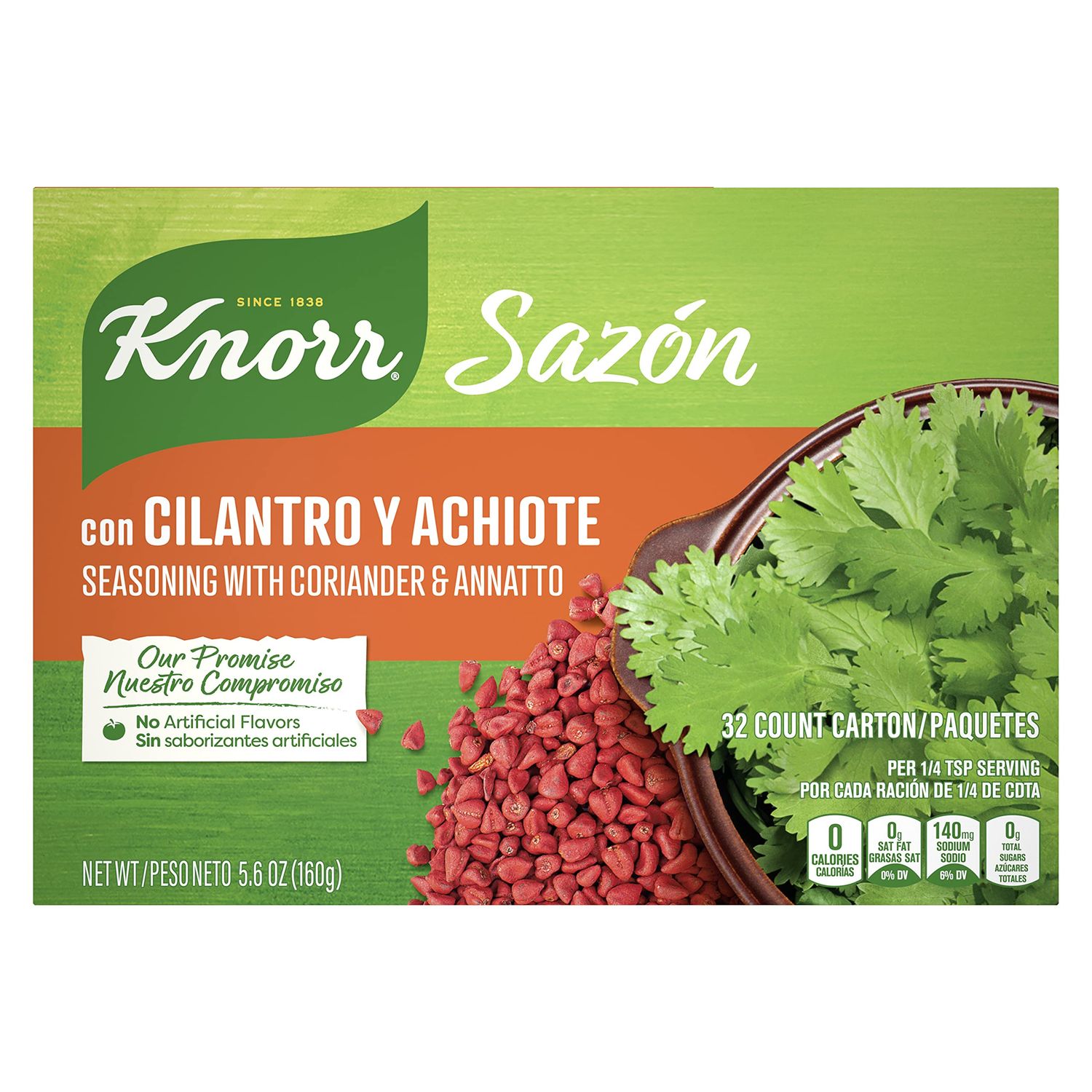 Knorr Sazon Flavorful Seasoning for Sauce, Meat, Poultry, Fish, Seafood, Stews, Rice, Beans, and Other Dishes Cilantro and Achiote No Artificial Flavors 5.6 oz, 32 Count