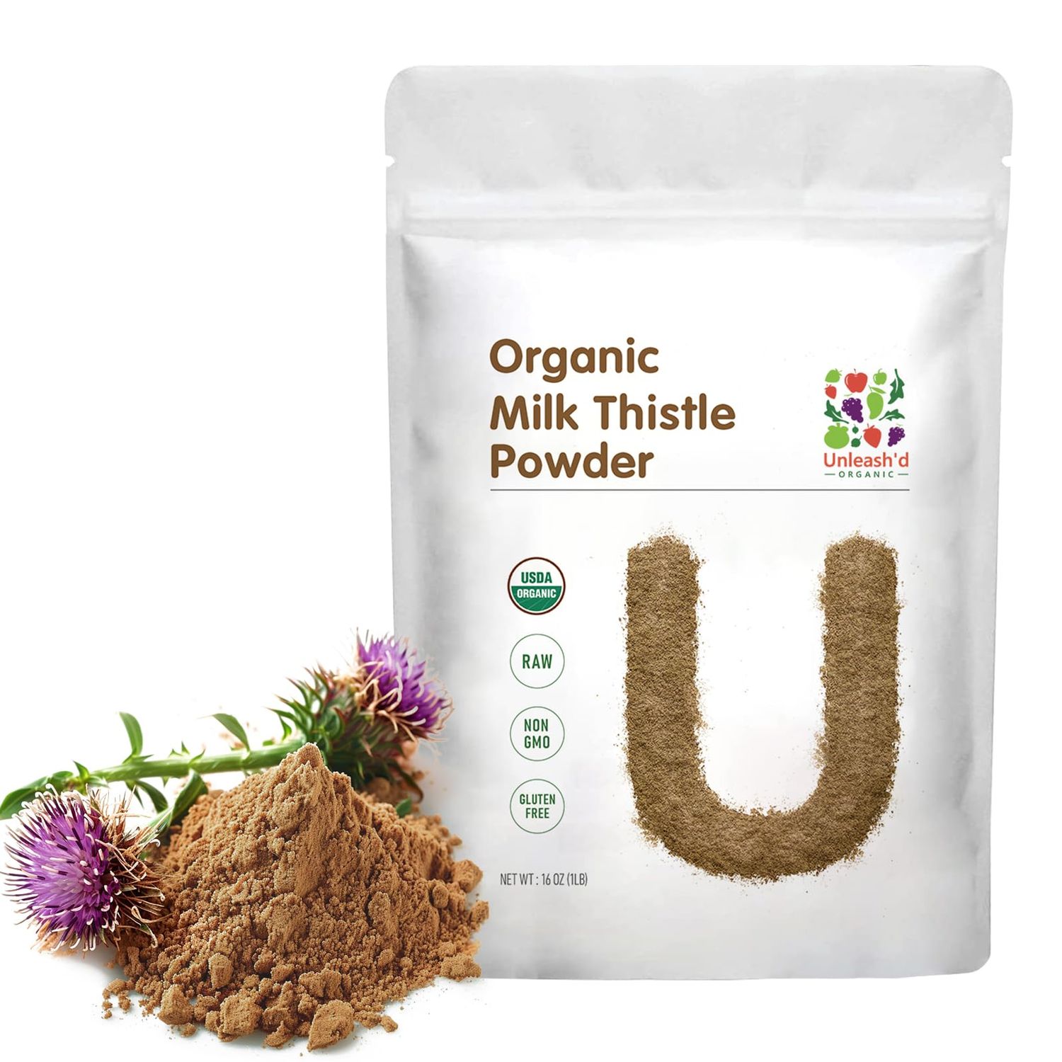 UNLEASH&#39;D ORGANIC Organic Milk Thistle Powder 16 oz Rich in Silymarin and Antioxidants Immune Support 100 Pure and Organic
