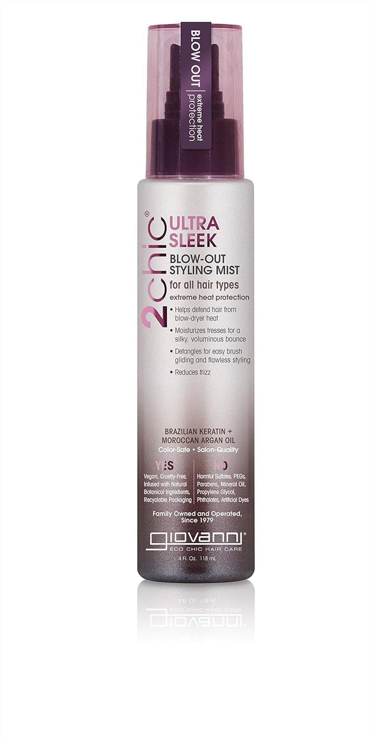 GIOVANNI 2chic Ultra-Sleek Blow Out Styling Mist Spray, 4 oz. - Moroccan Argan Oil &amp; Keratin, Heat Protection Formula, Color Safe, Paraben Free