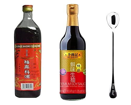 Lee Kum Kee Premium Light Soy Sauce, 16.9-Ounce Shaohsing Rice Cooking Wine 750ml One NineChef Spoon