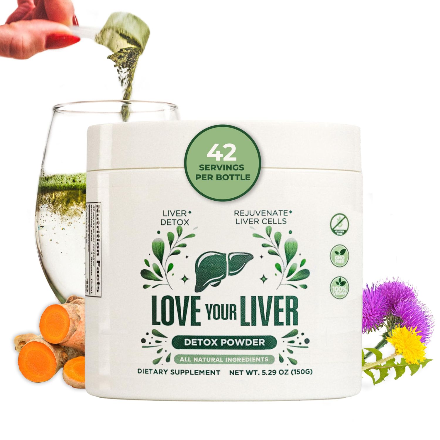 Love Your Liver Detox Cleanse Powder - 42 Servings of Liver Cleanse Detox &amp; Repair Powder with Milk Thistle, Dandelion Root, Turmeric, Artichoke Leaf - Liver Supplement Drink Powder for Liver Health