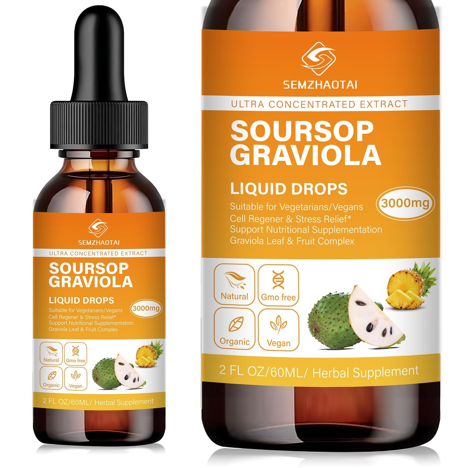 Soursop Graviola Leaf Extract &amp; Sea Moss Liquid Drops - Cell Support, Immunity Boost, Liver Health, Sleep Aid &amp; Antioxidants - Pure Soursop Bitters, 2 Month Supply, 2 Fl Oz 2oz, Pineapple