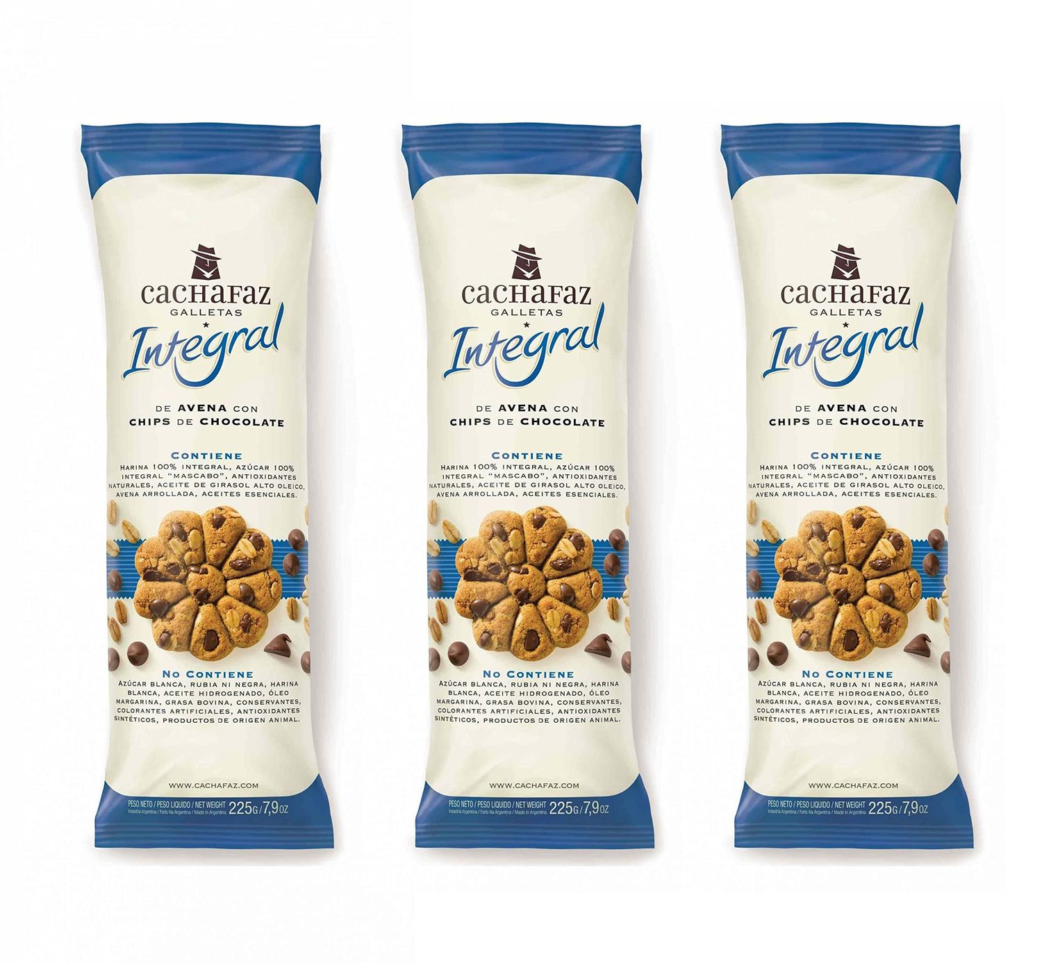 Cachafaz Wholegrain Wheat Flour Cookies with Chocolate Chips and Natural Anti-Oxidants, 225 g 7.9 oz Pack of 3