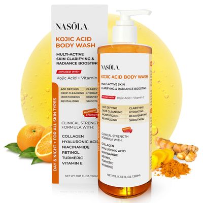 Nasola Kojic Acid Soap Body Wash Turmeric Vitamin C Organic Natural Moisturizing Exfoliating Unscented Korean Cleansing Shower Gel for Women Men - 11.83 Fl Oz