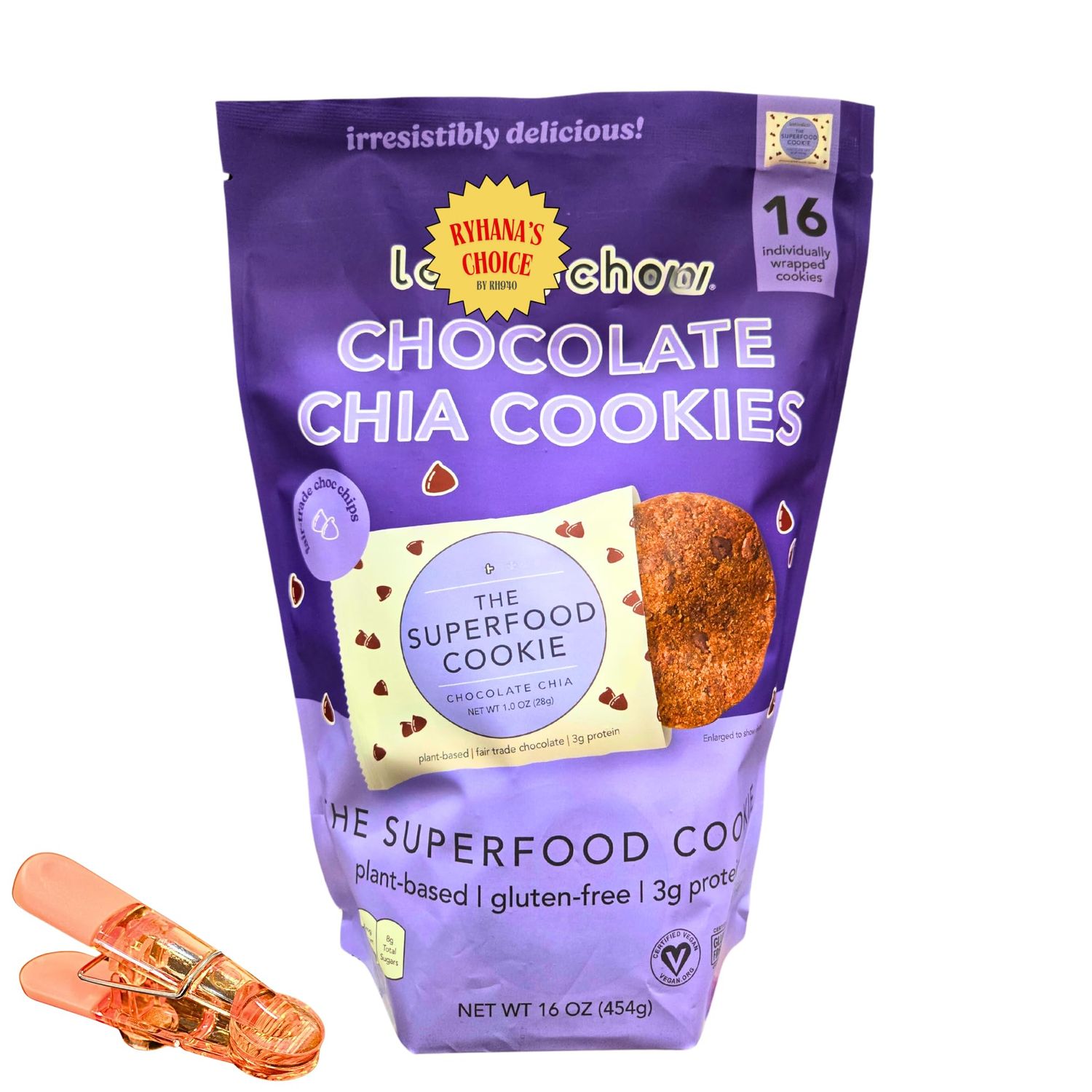Chocolate Chia Cookies, Plant-Based, Gluten-Free, 16 Individually Wrapped, 16 oz with Bonus Bag Sealer Clip by RH940