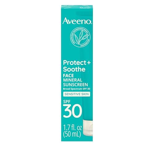 Aveeno Protect Soothe Face Mineral Sunscreen with Broad Spectrum SPF 30 for Sensitive Skin, Lightweight &amp; Non-Greasy Face Sunscreen, Water-Resistant UVAUVB Protection, 1.7 fl. oz