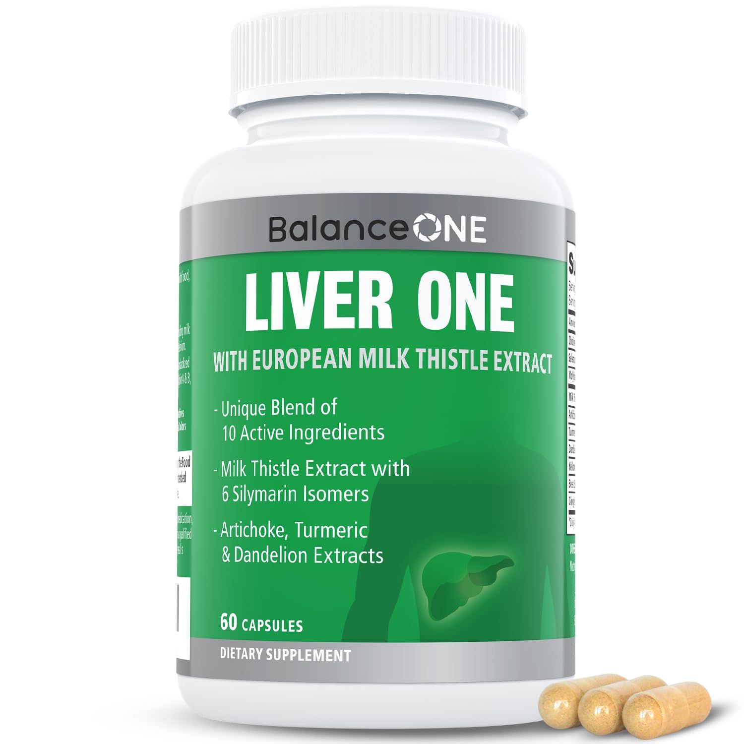 Balance ONE Liver Support Supplement with Milk Thistle Extract, Dandelion Root &amp; Molybdenum - Natural Liver Cleanse, Repair &amp; Detox for Men &amp; Women - Vegan Capsules, 1 Month Supply - Liver One
