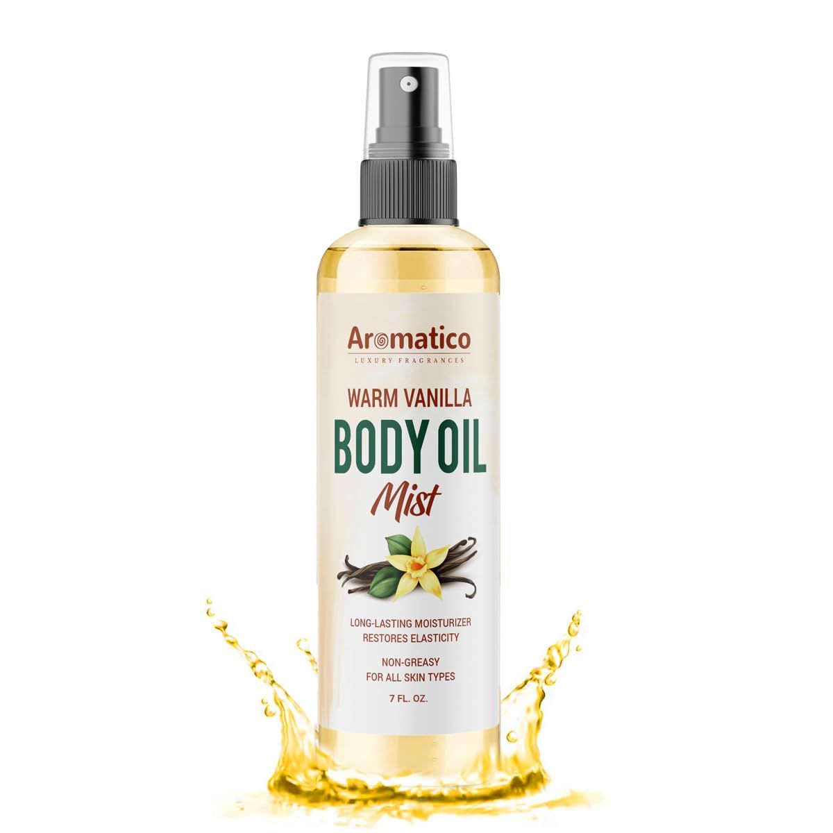 Aromatico Warm Vanilla Body Oil Mist Spray. Hydrating &amp; Moisturizing Spray for Women. Lightweight, Fast-Absorbing Formula for Daily Use After Shower - 7 Fl Oz