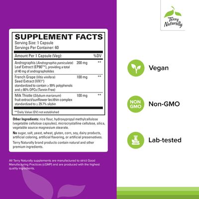 Terry Naturally Healthy Liver - Liver Function &amp; Health Support Supplement - Cellular Health Support with Andrographis EP80 &amp; French Grape Seed Extract - Gluten-Free Dietary Supplement - 60 Capsules