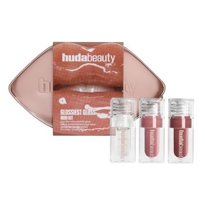 Huda Glossiest Gloss Mini Kit - Faux Filler Extra Shine Lip Gloss - Glassy, Bombshell and Sugar Baby - 0.06 fl oz 1.9 mL each