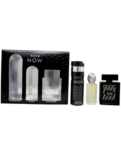 Lattafa Rave Now for Men 3 Piece Set 3.4 Oz Eau de Parfum Spray 1.7 Oz Hair Mist 6.7 Oz Deodorant Spray
