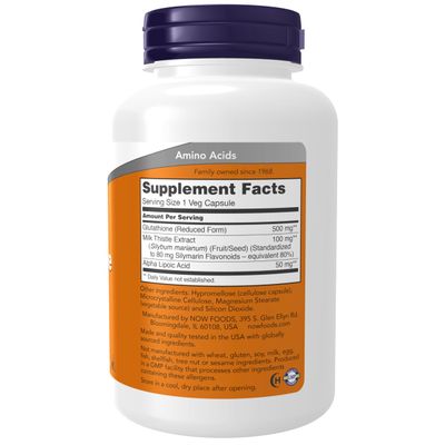 NOW Foods Supplements, Glutathione 500 mg, with Milk Thistle Extract &amp; Alpha Lipoic Acid, Free Radical Neutralizer, 120 Veg Capsules, Beige