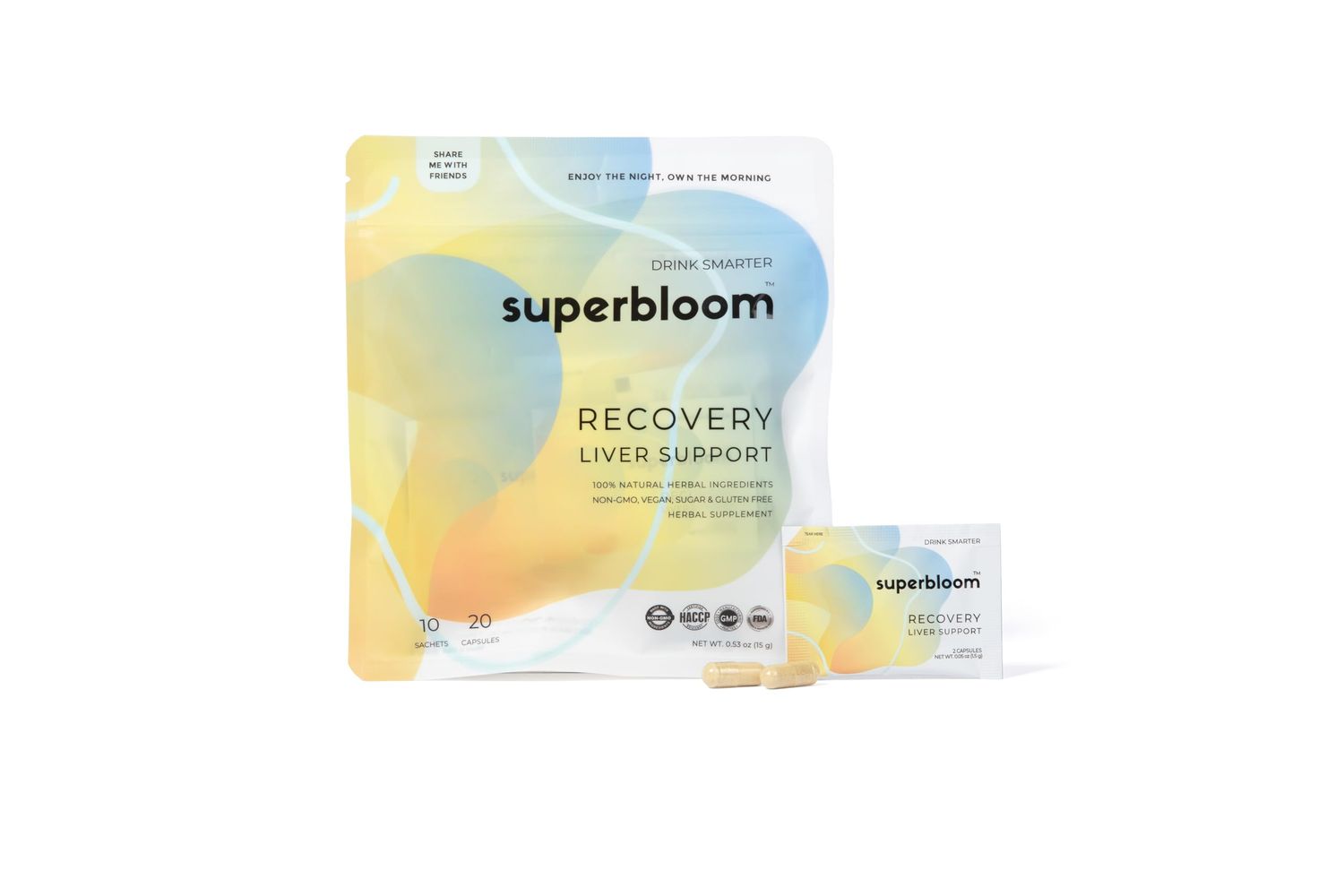 superbloom Recovery Liver Support Liver Detox with DHM, Turmeric, Milk Thistle 10 Sachets, 20 Capsules Enjoy The Night, Own The Morning