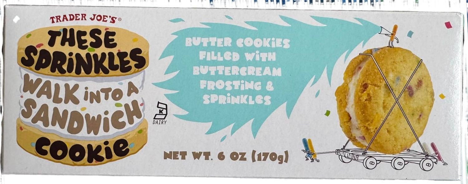Trader Joe&#39;s These Sprinkles Walk Into A Sandwich Cookie, butter cookies with buttercream frosting and sprinkles 6 oz