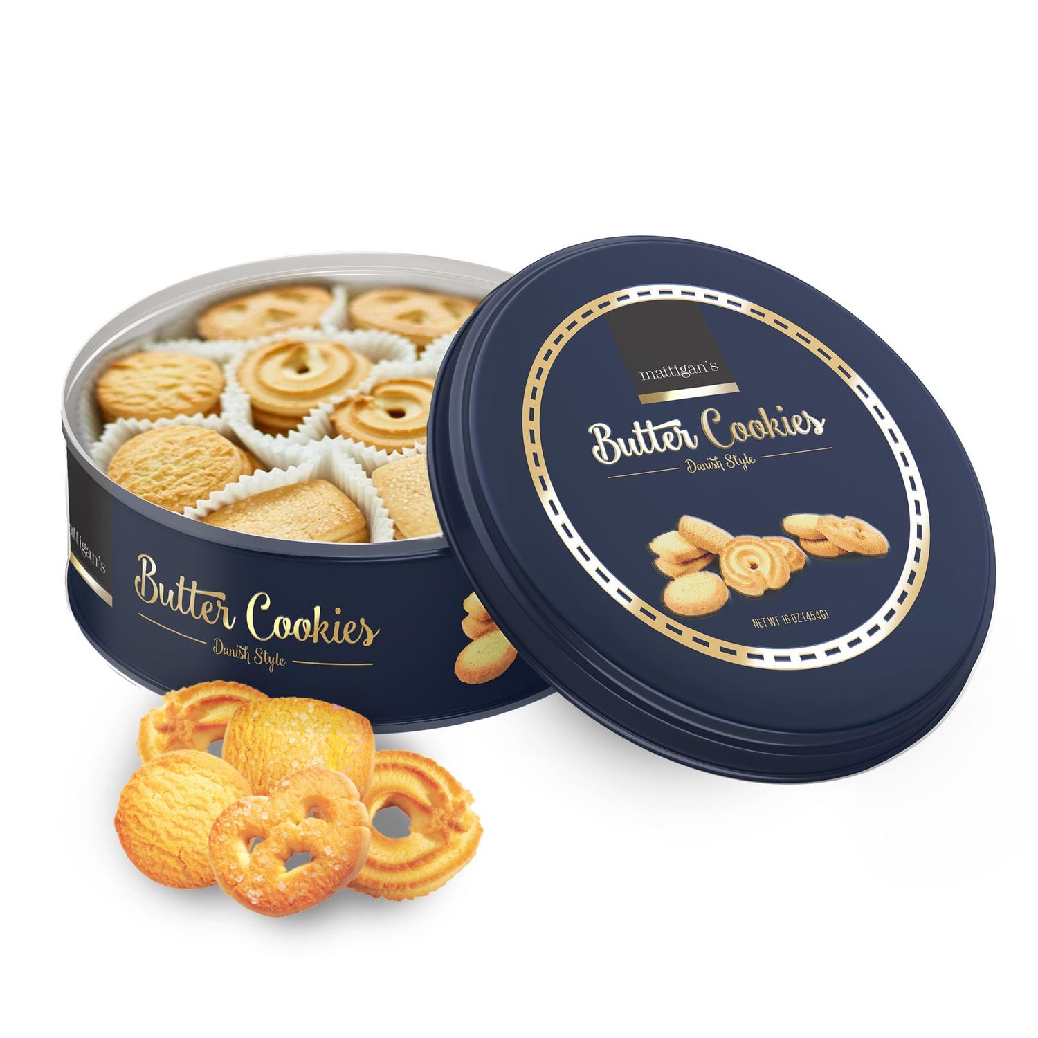Mattigan&#39;s Butter Cookies Traditional Danish Style Cookie Assortment, 16 Oz Tin, Gourmet Gifts for Holidays, Birthday, Special Occasions, Snack Gift, Assorted Cookie Dessert Sweets, Reusable Metal Tin