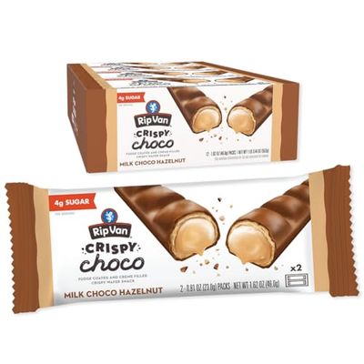 Rip Van Crispy Choco Hazelnut Candy Bars - Low Sugar Fudge and Hazelnut Cream Filled Snack - 12 Pack