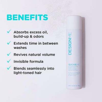 Design.Me QUICKIE.ME Dry Shampoo for Light Tones Instantly Refreshes, Absorbs Oils Root-Lifting Formula with Rice Starch Residue-Free Waterless Spray for Blonde, Platinum, & Grey Hair