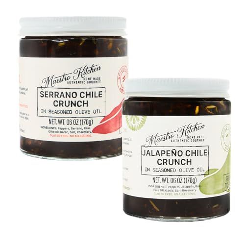 Spicy Serrano &amp; Mild Jalapeno Pepper Chili Crisp Crunch - 6oz Variety 2 Pack - All Natural Chili Oil Hot Sauce 100 Olive Oil, Garlic &amp; Rosemary - Crunchy Mexican Seasoning - Gluten Free Vegan