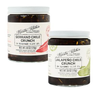 Spicy Serrano &amp; Mild Jalapeno Pepper Chili Crisp Crunch - 6oz Variety 2 Pack - All Natural Chili Oil Hot Sauce 100 Olive Oil, Garlic &amp; Rosemary - Crunchy Mexican Seasoning - Gluten Free Vegan