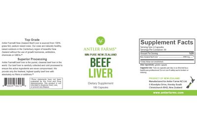 Antler Farms - 100 Pure New Zealand Beef Liver, 180 Capsules, 500mg - Grass Fed, Cold Processed Supplement, Pure and Clean rBGH Free, No Fillers or Additives