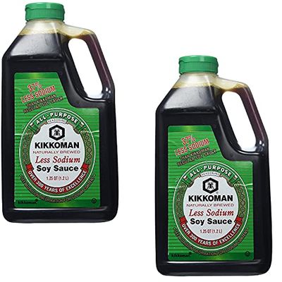 Kikkoman Traditionally Brewed Less Sodium All-Purpose Seasoning Soy Sauce Bulk Restaurant Food Service Size Large Jug 1.25 Qt 40 Oz 2-Pack