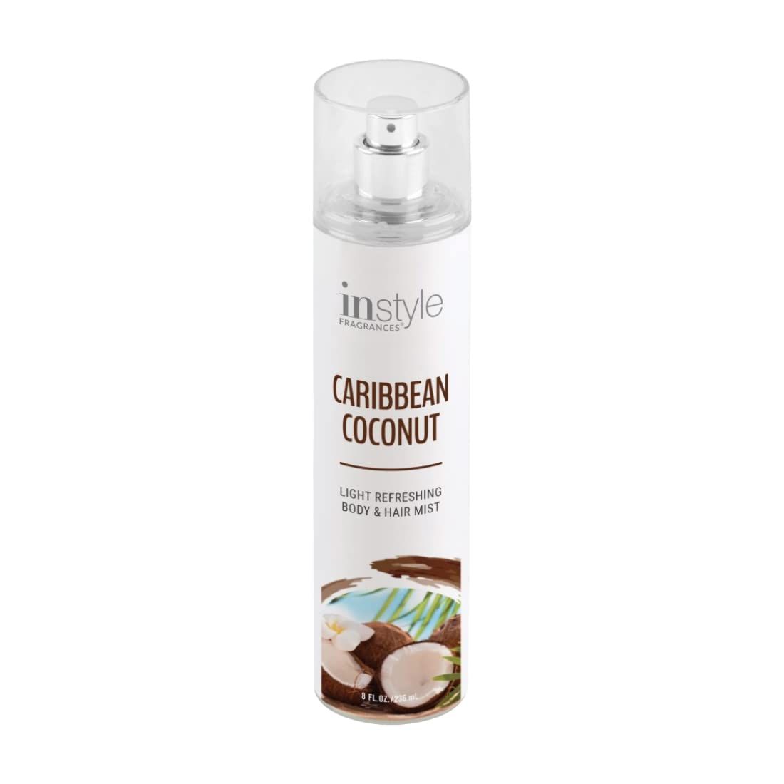 Instyle Fragrances Body &amp; Hair Mist Caribbean Coconut Scent With Panthenol CLEAN, Vegan, Paraben Free, Phthalate Free Premium 8 Fl Oz Spray Bottle