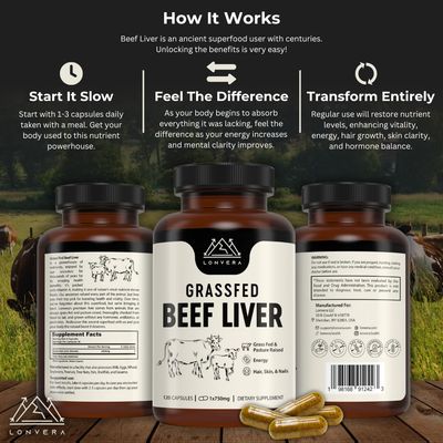 Lonvera Grass Fed Beef Liver Capsules Dessicated Liver Supplement Freeze Dried Liver Pills 30 Servings 3000 mg 120 Count