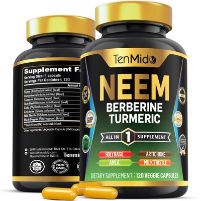 Tenmido Neem Leaf Supplement - 8in1 Formula - Combine with Berberine, Turmeric, Holy Basil, Amla, Artichoke, Milk Thistle, and Black Pepper - Immune Support - 120 Capsules for 4 Months Supply