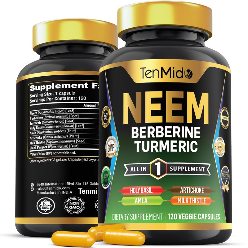 Tenmido Neem Leaf Supplement - 8in1 Formula - Combine with Berberine, Turmeric, Holy Basil, Amla, Artichoke, Milk Thistle, and Black Pepper - Immune Support - 120 Capsules for 4 Months Supply