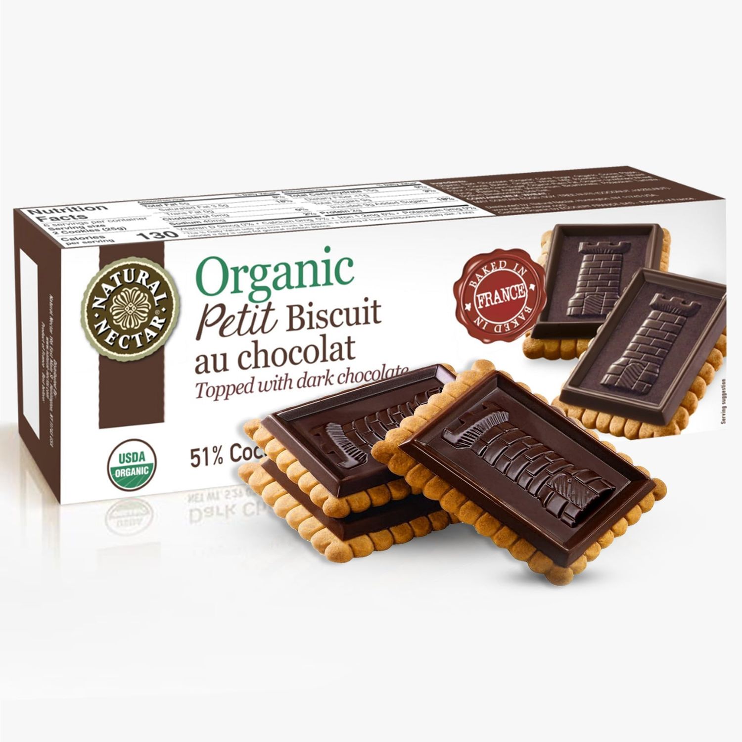 Natural Nectar Organic Dark Chocolate Biscuits Cookies - 5.29 oz French Chocolate Covered Biscuits USDA Organic Certified Gourmet Tea Cookies Perfect Snack with Coffee or Tea