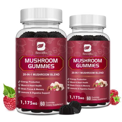 B BEWORTHS 2 Pack Mushroom Complex Gummies with Lions Mane, 20-in-1 Comprehensive Mushroom Supplement for Brain Health, Focus &amp; Clarity, Vegan, Non-GMO, Raspberry Flavor, 120 Gummies
