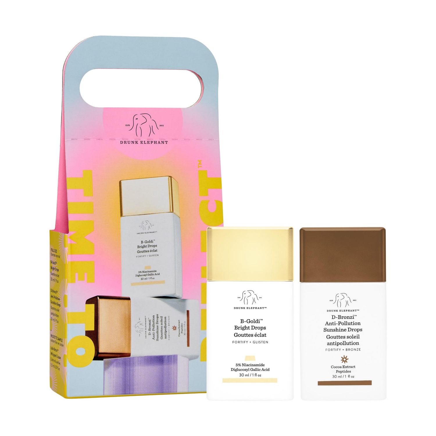 Drunk Elephant Time to Reflect Kit - includes B-Goldi Bright Drops 30 ml1 fl oz and D-Bronzi Anti-Pollution Sunshine Drops 30 ml1 fl oz