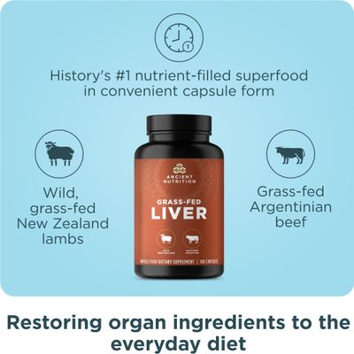 Ancient Nutrition Organ Supplements, Grass-Fed and Wild Organ Complex Capsules, Beef &amp; Lamb Liver, Supports Healthy Blood, Gut, and Liver, 180 Ct