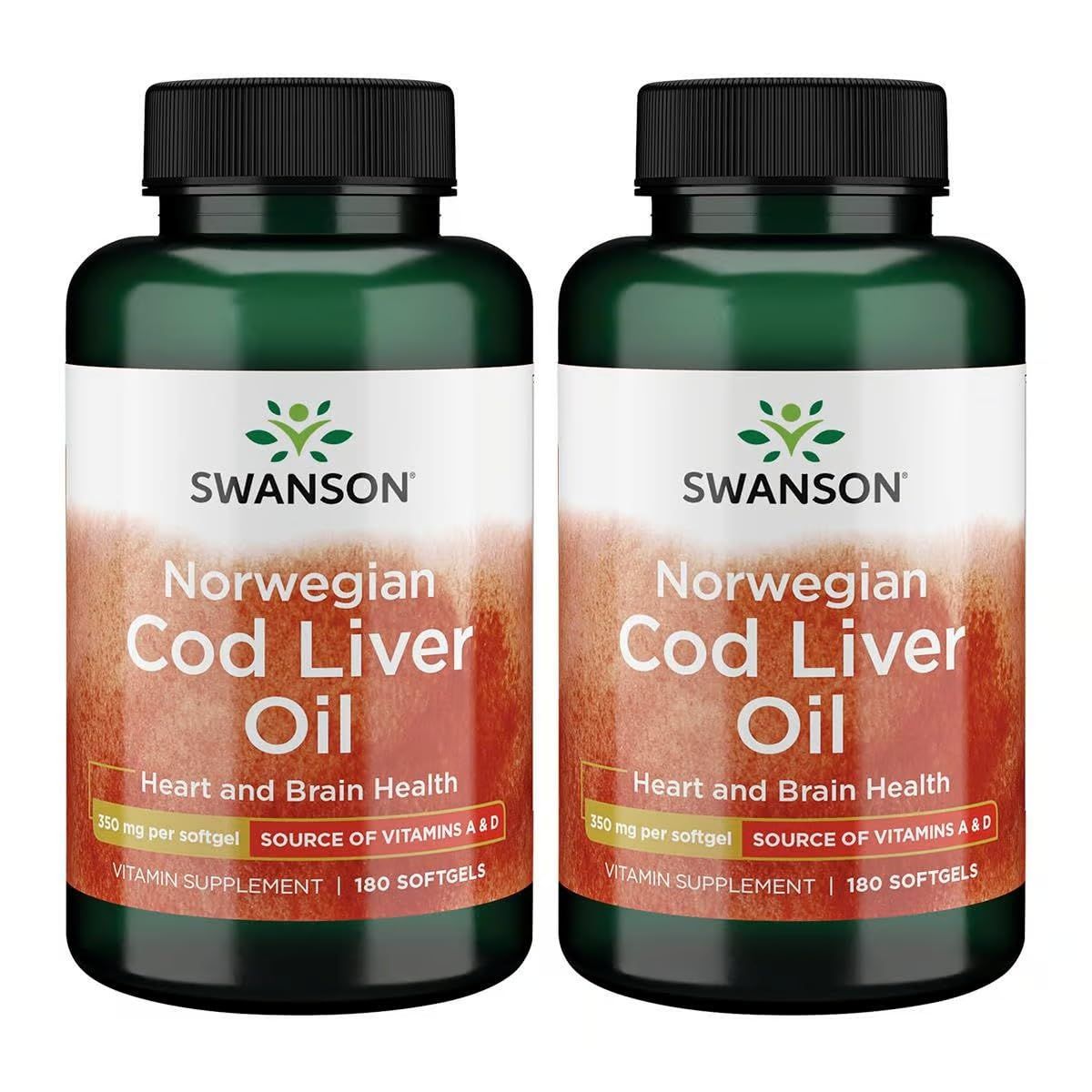 Swanson Cod Liver Oil - Wellness Supplement Promoting Bone, Skin Health, Vision Support &amp; Immune System Function wHigh Absorption Vitamin A - 180 Softgels, 350mg Each 2 Pack