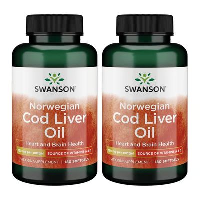 Swanson Cod Liver Oil - Wellness Supplement Promoting Bone, Skin Health, Vision Support &amp; Immune System Function wHigh Absorption Vitamin A - 180 Softgels, 350mg Each 2 Pack