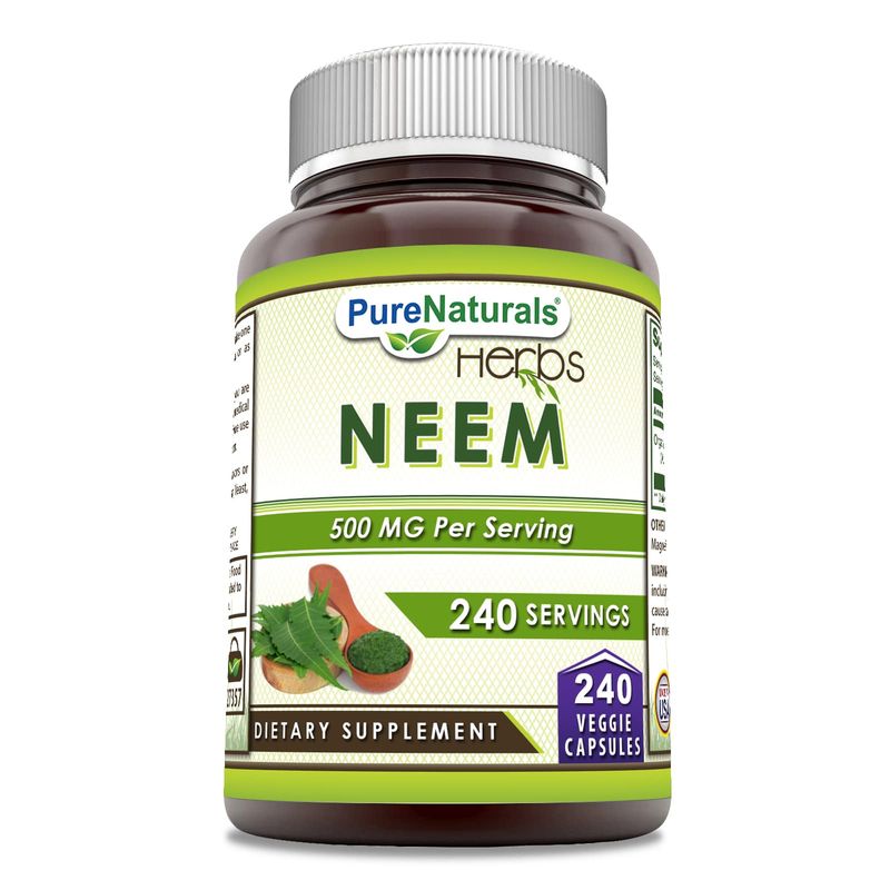 Pure Naturals Neem Made with Natural Neem Leaf 500 Mg per Serving 240 Veggie Capsules Supplement Non-GMO Gluten Free Made in USA Ideal for Vegetarians
