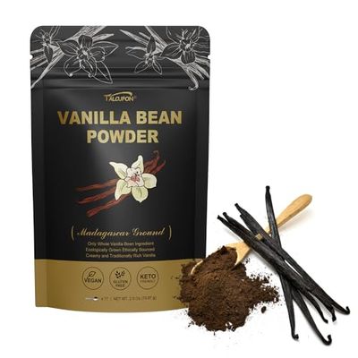 TALCUFON Madagascar Ground Vanilla Bean Powder, 100 Ground Vanilla Beans, No Fillers and Additives, Gluten Free, Non-GMO Great for Coffee, Baking, Shakes 2.5 Oz
