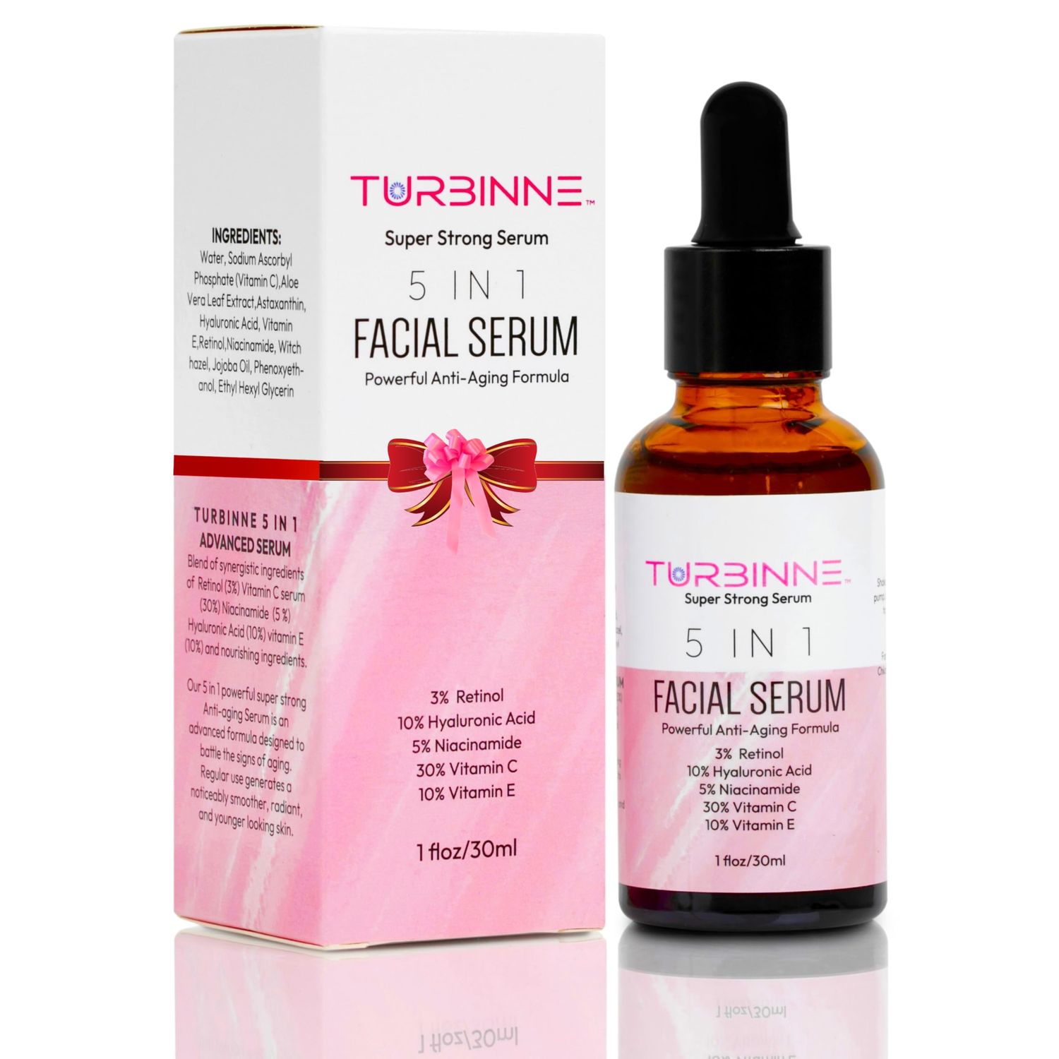 Turbinne 5 In 1 Overnight Facial Serum. 5 Powerful Serums. Retinol, Hyaluronic Acid, Niacinamide, Vitamin C &amp; E. Powerful Anti-Aging, Reduce Wrinkles, Acne Scars, Dark Spots, 1fl Oz