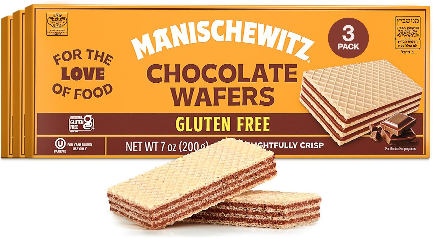 Manishewitz Gluten Free Chocolate Wafers, 7oz 3 Pack Crispy Wafer with Creamy Dark Chocolate Filling Dairy Free Certified Kosher including Passover