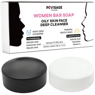 POVISAGE Salicylic Acid Face Bar Soap for Women - Unscented Day &amp; Night Formula for Oily Skin, White Clay Day, Charcoal Night - 2 Bars