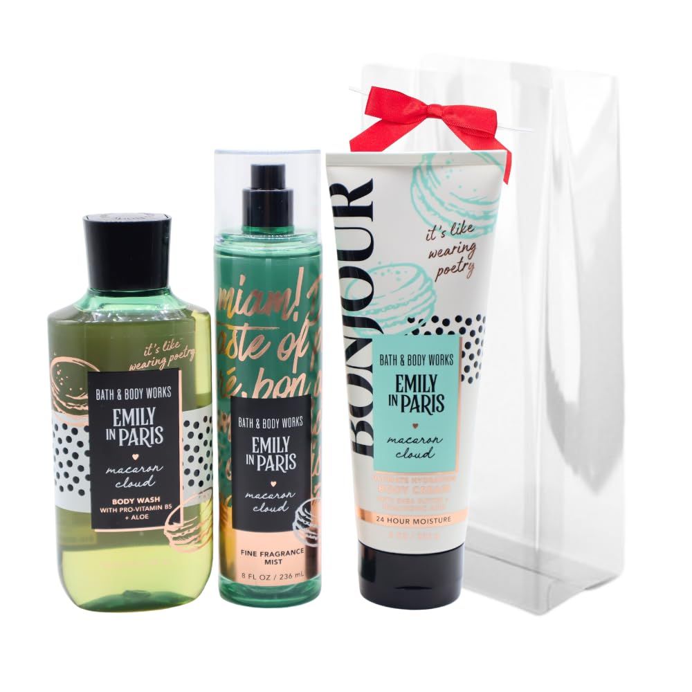 Bath &amp; Body Works Emily in Paris MACARON CLOUD 3pc Bundle Gift Set with a Red Bow for Holidays - Mist, Body Cream, Shower Gel - Full Size