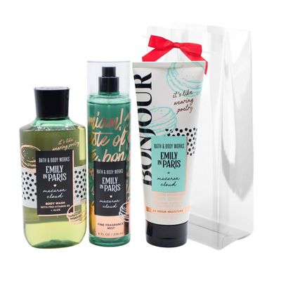 Bath &amp; Body Works Emily in Paris MACARON CLOUD 3pc Bundle Gift Set with a Red Bow for Holidays - Mist, Body Cream, Shower Gel - Full Size