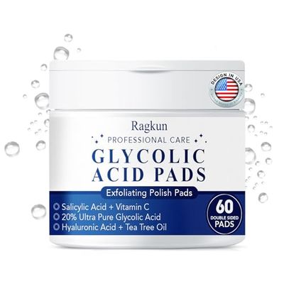 Ragkun Exfoliating Pads - Glycolic Acid 20 Toner Pads for Facial Radiance with Salicylic Acid and Vitamins B5, C &amp; E, Dual Action Gentle Face Pad with Deep Cleaning Effect - 60 Count