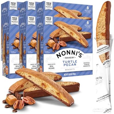 Nonni&#39;s Turtle Pecan Biscotti Italian Cookies - Caramel Pecan Cookies Dipped in Milk Chocolate - Pecan Biscotti Individually Wrapped Cookies - All Natural Ingredients - Kosher - 6.88 oz 6 Boxes