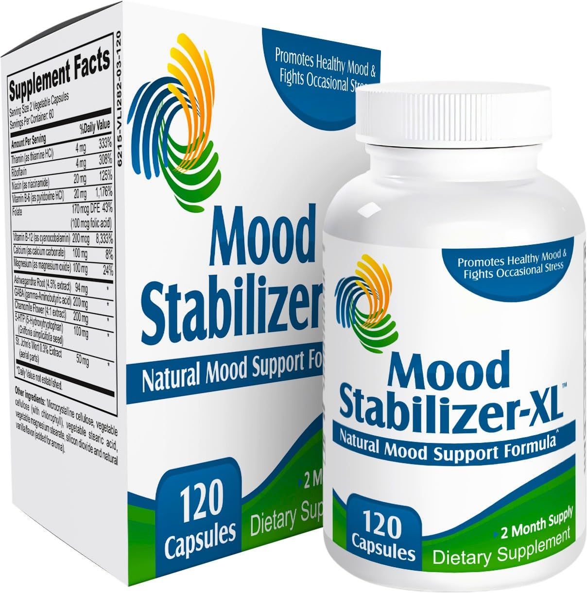 MOOD STABILIZER-XL 2-Month Supply Mood Support Blend Supplement 13 Natural Ingredients 5-HTP Ashwagandha GABA St. John&#39;s Wort Extract Healthy Mood Supplements &amp; Vitamins 120 Capsules