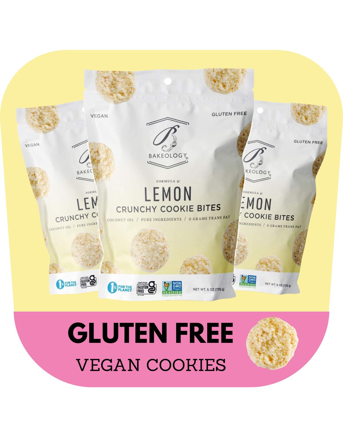Bakeology Gluten Free Cookies - Crunchy Mini Vegan Lemon Cookies - Gluten Free Dairy Free Snacks - Enjoy Plant Based Dessert Sweets - Made with Coconut Oil and Pure Ingredients - Lemon