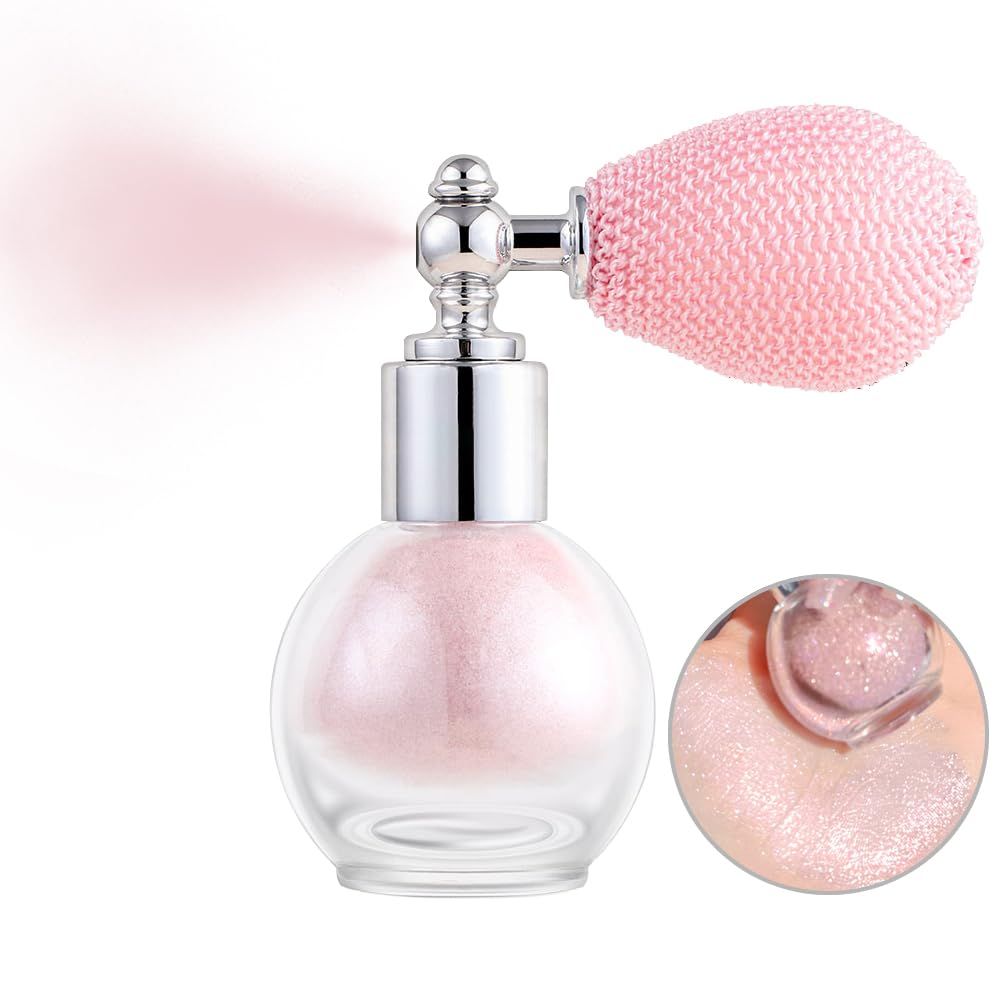 Shy Pink Highlighter Spray, Loose Shimmer Powder Spray High Gloss Makeup for Face and Body, Long Lasting Glitter Hairspray for Rave Music Festival Party, Stage, Performance, Nightclubs, 3