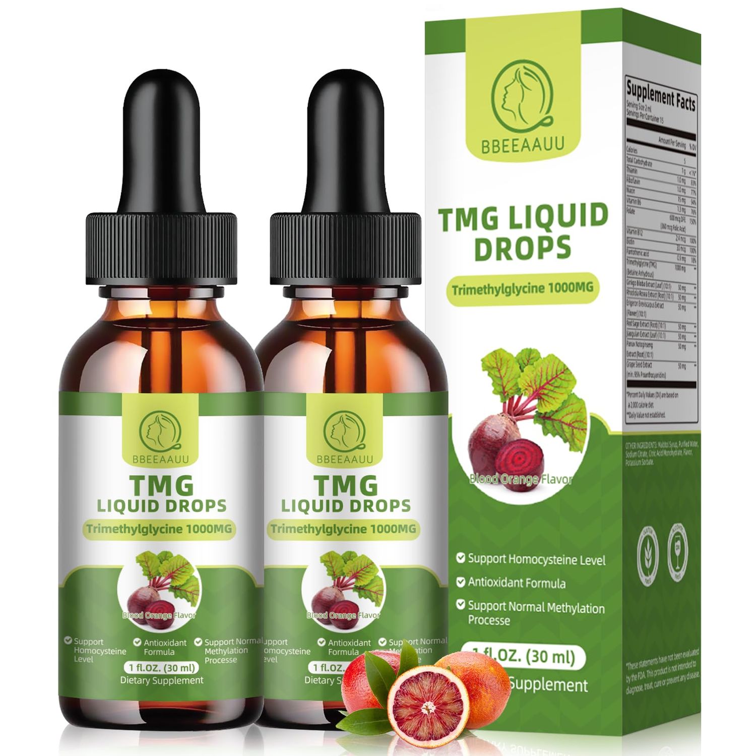 2 Pack TMG Trimethylglycine Supplement Liquid Drops, Betaine 1000MG High Absorption, Supports Methylation, Liver Wellness &amp; Cognitive Function, Non-GMO, Vegan, Blood Orange Flavor, 1 Fl.Oz