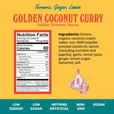 Brooklyn Delhi Golden Coconut Curry - Indian Simmer Sauce with Turmeric, Ginger, Lemon, &amp; Coriander - 12 Ounces - Mild Enough for a kid, Flavorful Enough for a Foodie - Vegan - No Artificial Additives