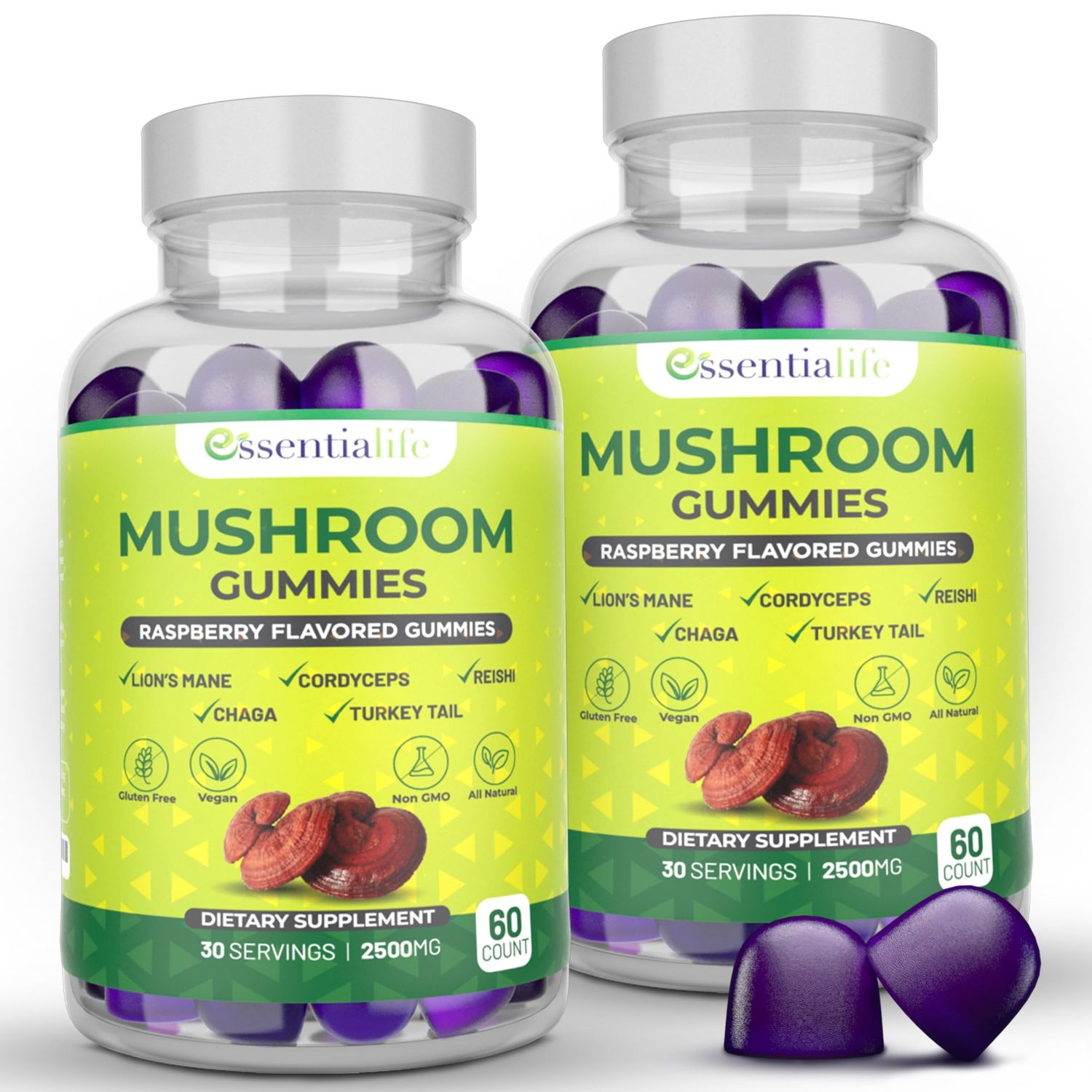 Essentialife Mushroom Gummies Lions Mane Supplement Mushroom Supplement with Lions Mane, Turkey Tail, Cordyceps, Reishi, Chaga Extract Brain Health and Immune Support Gummies, 120 Count